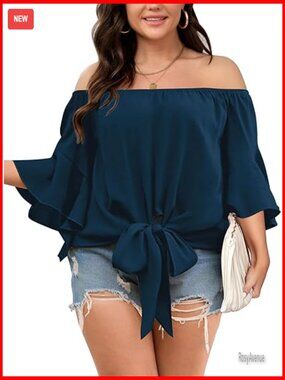Off Shoulder Blouse Half Sleeve Tie Front Flowy Plus Size Top
